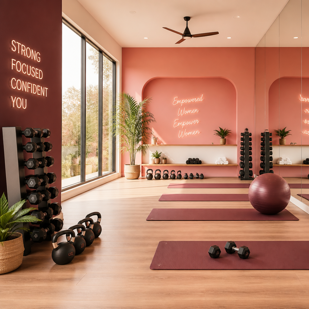 Bright modern women’s fitness studio with dumbbells, kettlebells, yoga mats, and warm brand-colored accents
